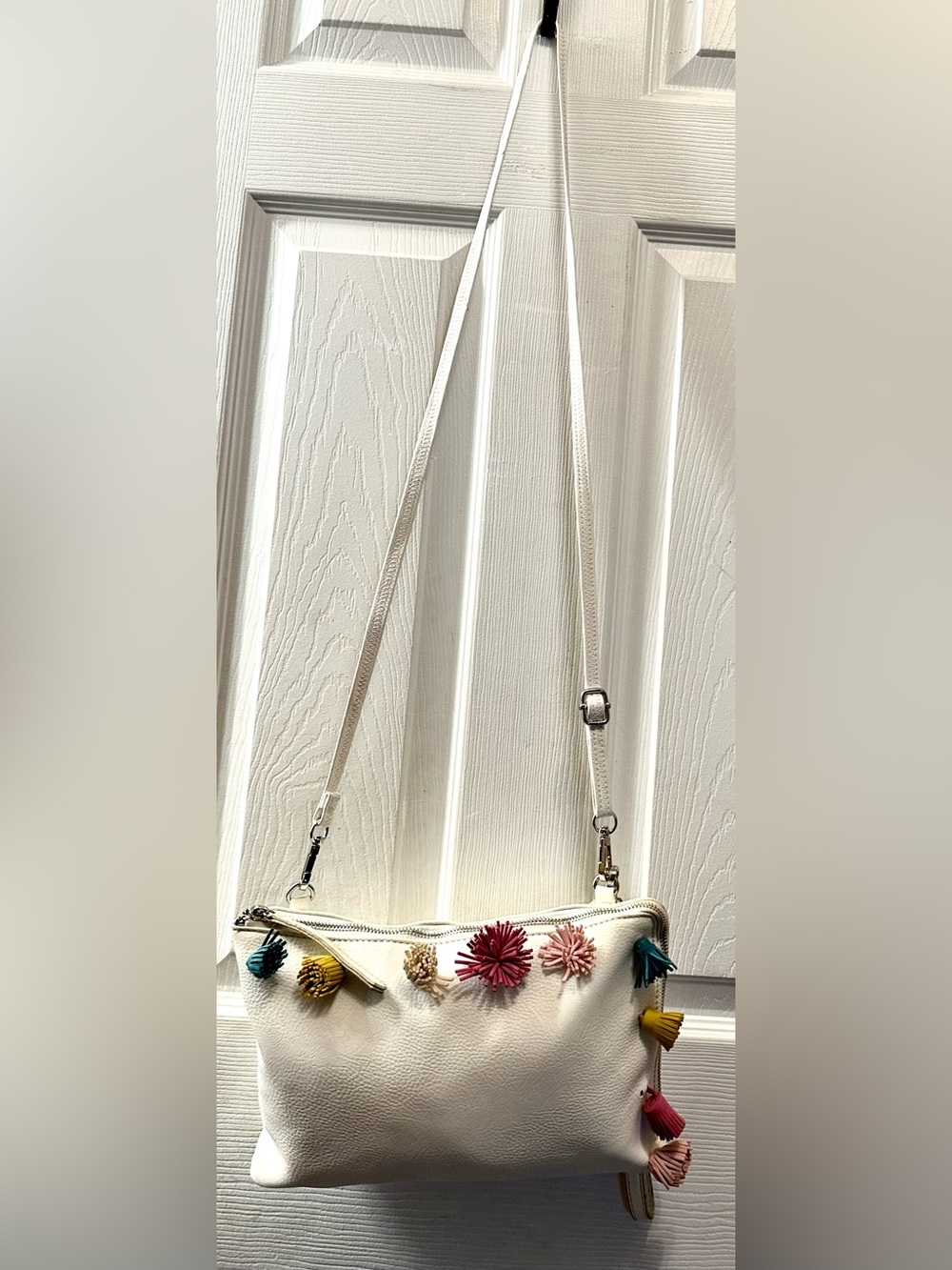 Carlos Falchi White Leather Crossbody with Multicolor Tassels